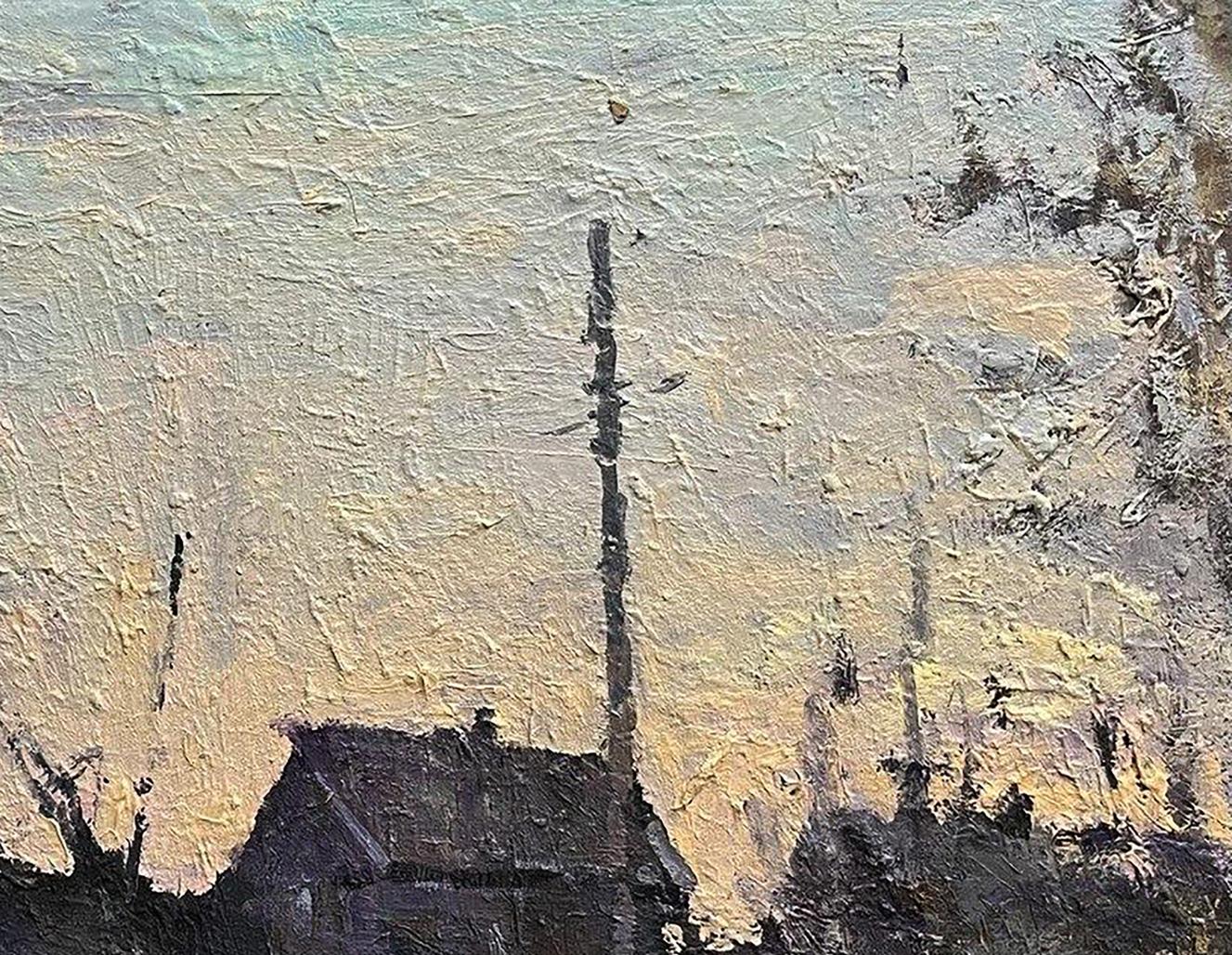 Oil painting Autumn in the village by Volodymyr Pashchenko dark house silhouette