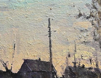 Oil painting Autumn in the village by Volodymyr Pashchenko dark house silhouette