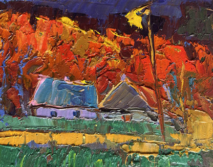 Vibrant impressionist oil painting Crimson autumn in the village by Oksana Ivanyuk
