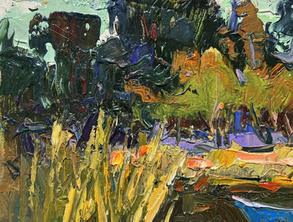 Vibrant oil painting I swim to the river bank by Oleksiy Ivanyuk with grasses