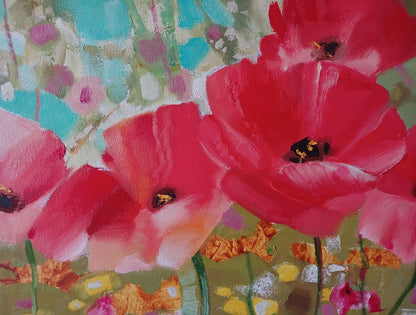 Abstract oil painting of vibrant red poppies by Anatoly Tarabanov
