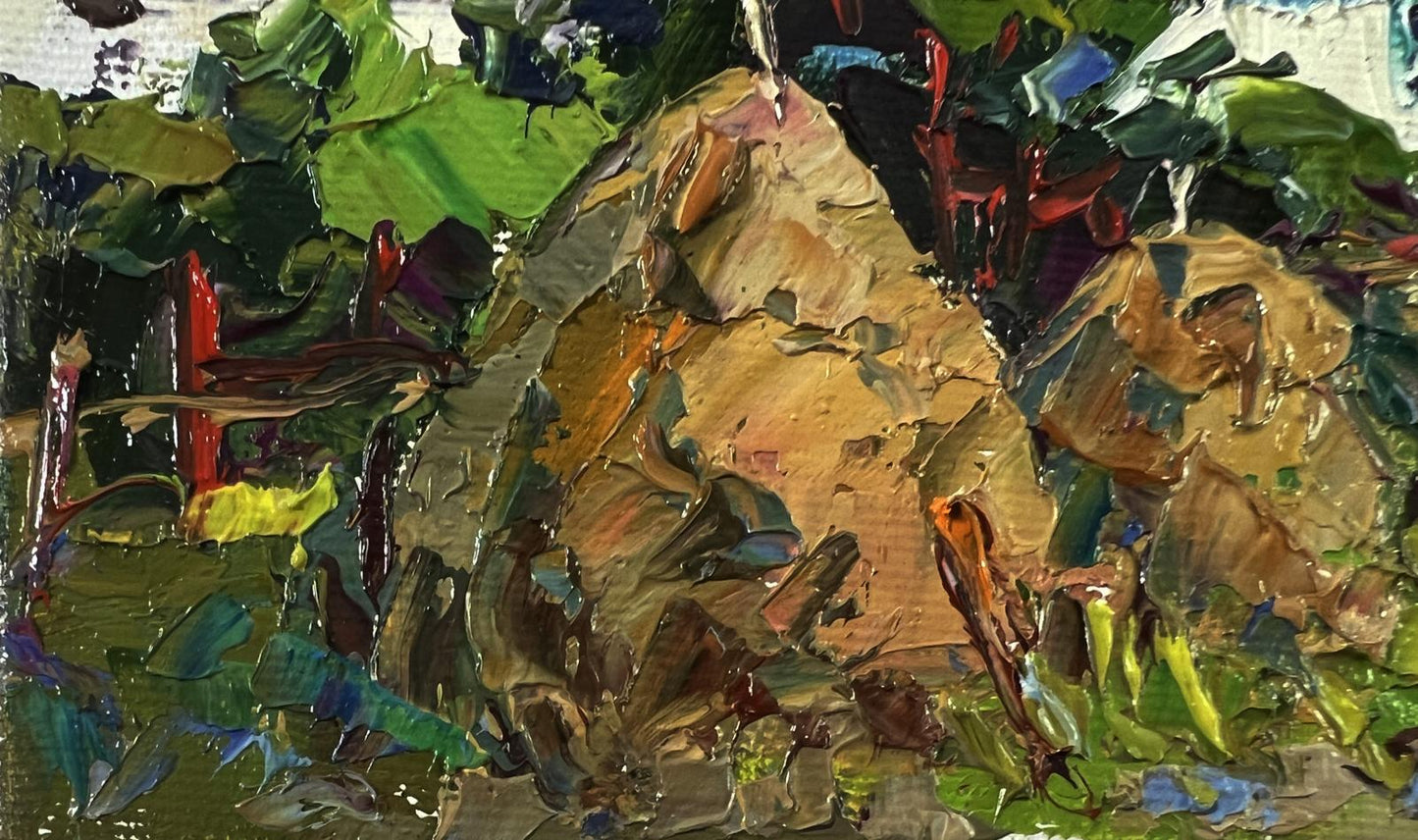 Oil painting Summer village by Oksana Ivanyuk: rocky outcrop in lush green foliage