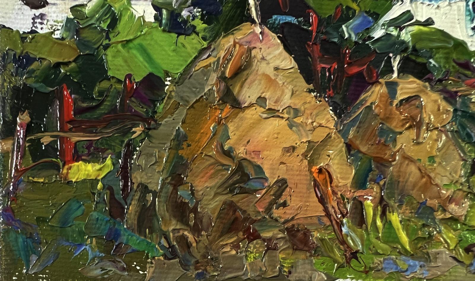Oil painting Summer village by Oksana Ivanyuk: rocky outcrop in lush green foliage