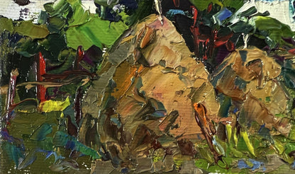 Oil painting Summer village by Oksana Ivanyuk: rocky outcrop in lush green foliage