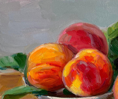 Oil painting Peaches on a plate by Vyacheslav Pereta, ripe vibrant hues