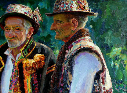 Oil painting of two Hutsuls in ornate hats and vests by Leonid Pavlenko