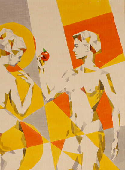 Stylized red apple by Dima Filatov watercolor painting on vibrant yellow orange background