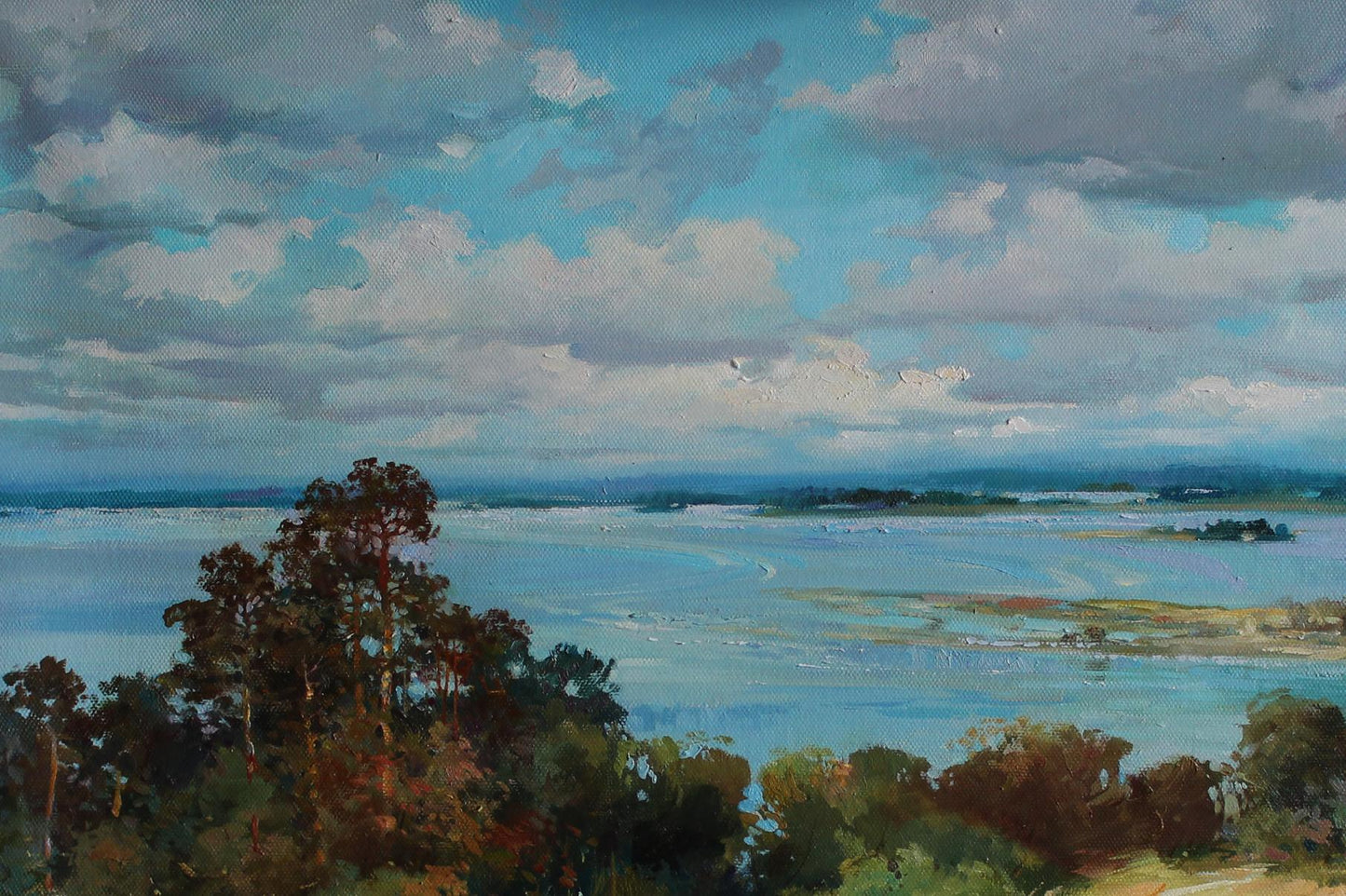 Serene oil painting June’s quiet walls by Yuriy Suprunchuk, blue waterway and trees