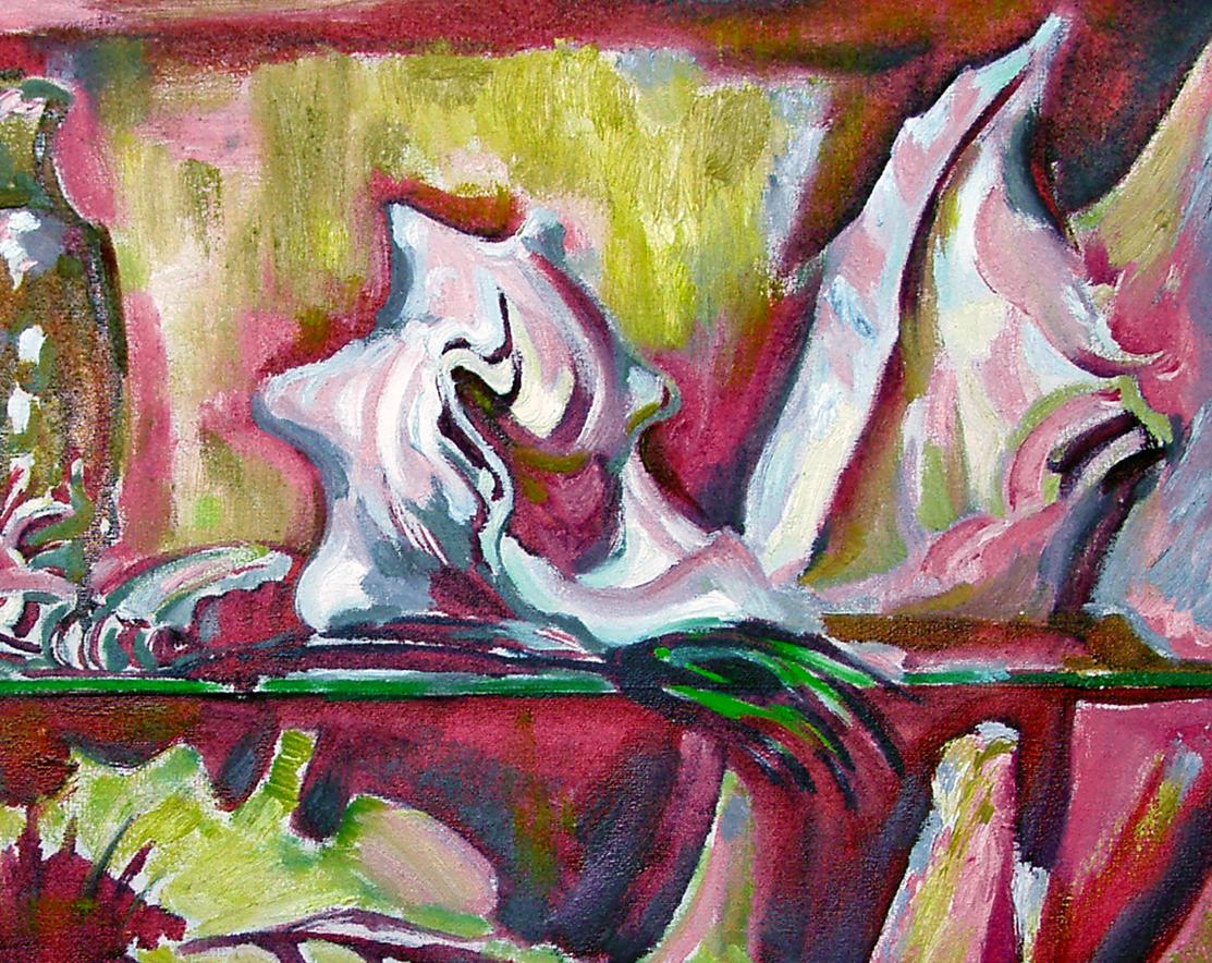 White abstract sculpture by Leonid Pavlenko on green shelf, pink yellow background