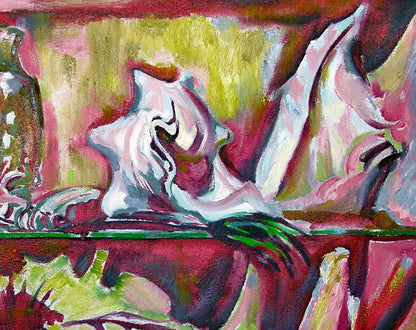 White abstract sculpture by Leonid Pavlenko on green shelf, pink yellow background