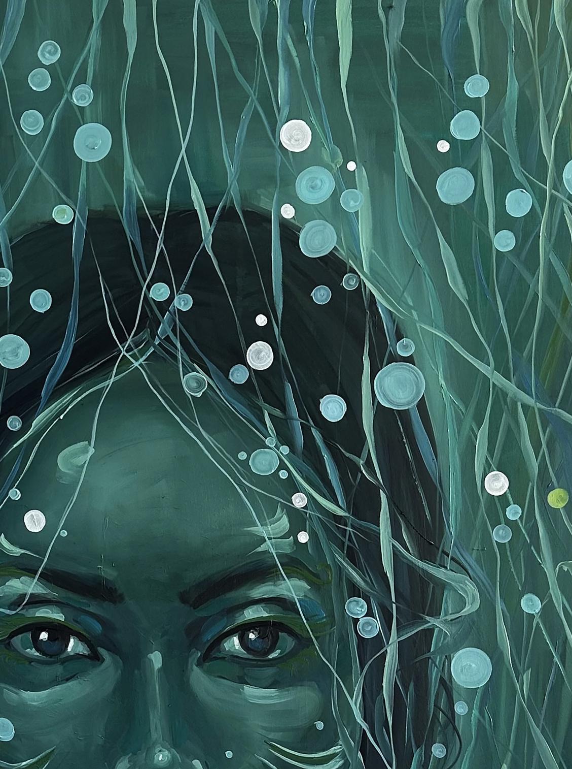 Oil painting Underwater Victoria Kagalovska: teal face in dreamlike underwater scene