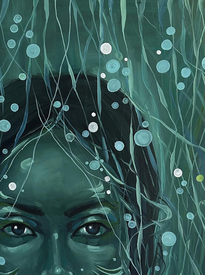 Oil painting Underwater Victoria Kagalovska: teal face in dreamlike underwater scene