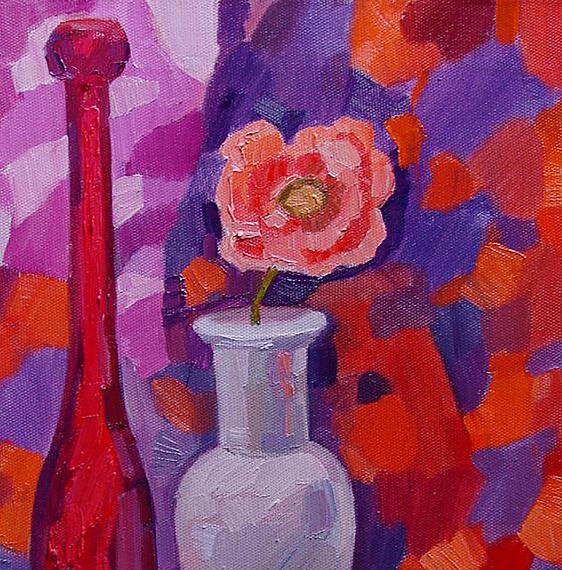 Oil painting of delicate pink flower in gray vase by Tatyana Shulyak