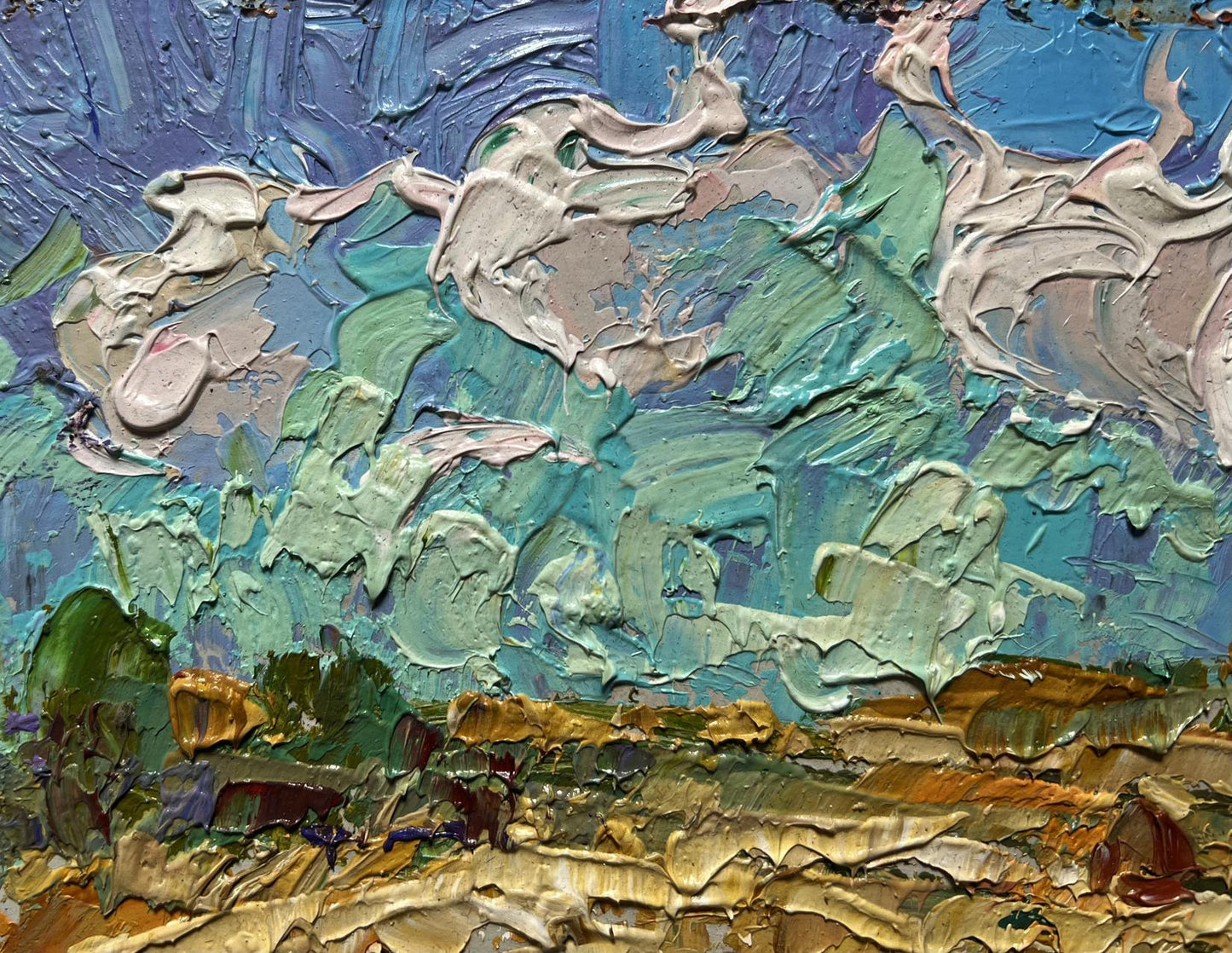 Oil painting White clouds over the field by Oleksiy Ivanyuk impasto style
