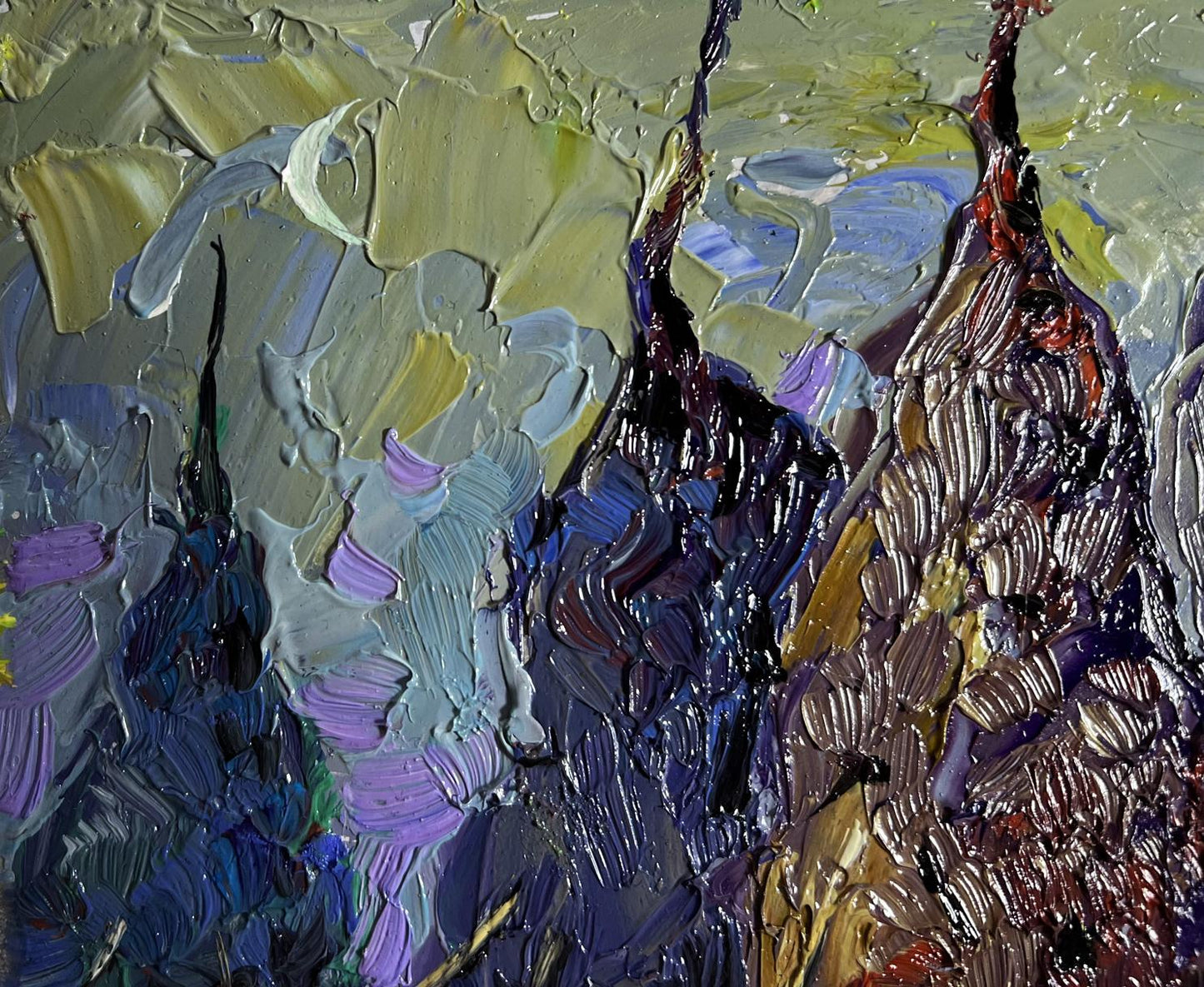 Oil painting Cold wind in the evening by Oleksiy Ivanyuk impasto green blue tones