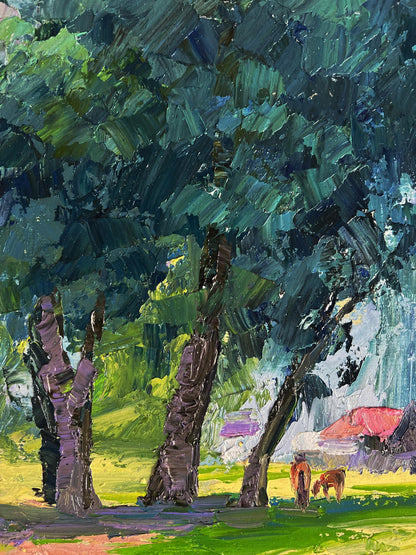 Vibrant oil painting by Boris Serdyuk: lush green trees and red-roofed cottage