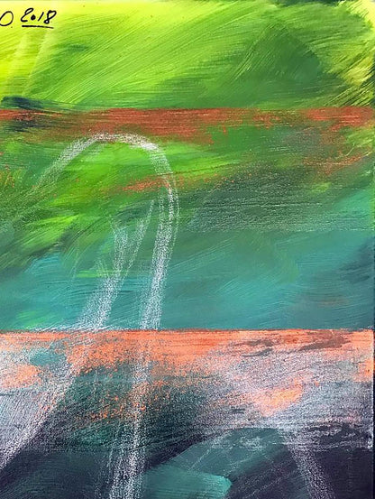 Vibrant abstract acrylic painting Joy by Olga Melezhik with green teal orange strokes