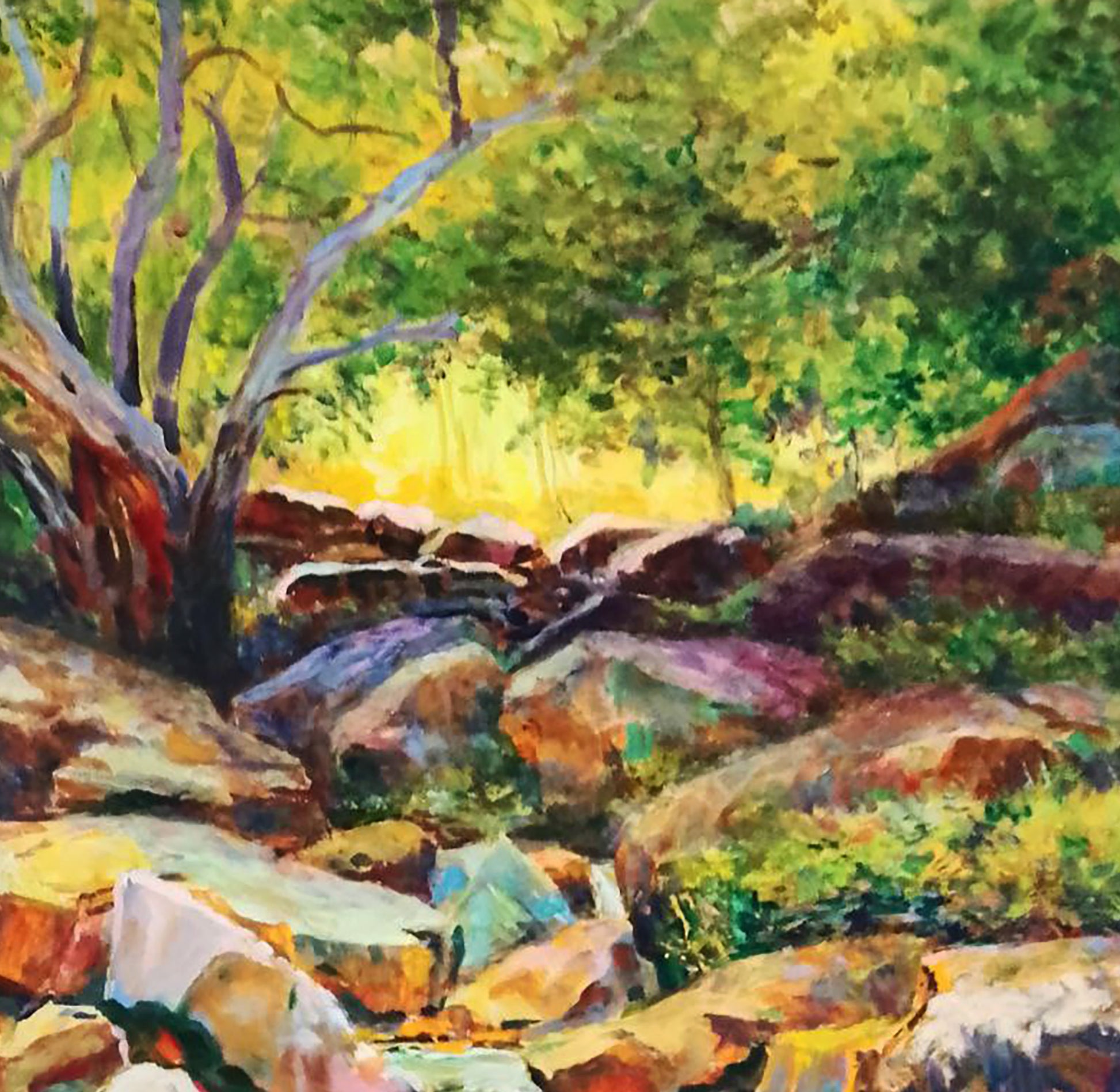 Vibrant impressionist oil painting of sunlit forest lake by Vitaly Duhnevich