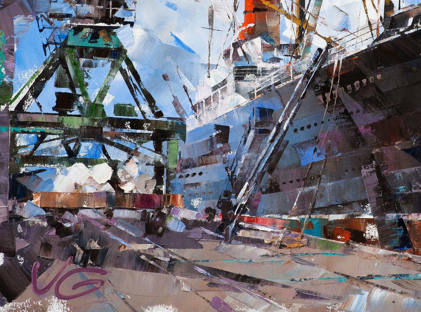 Abstract oil painting of passenger ship in port by Volodymyr Gluhomanyuk