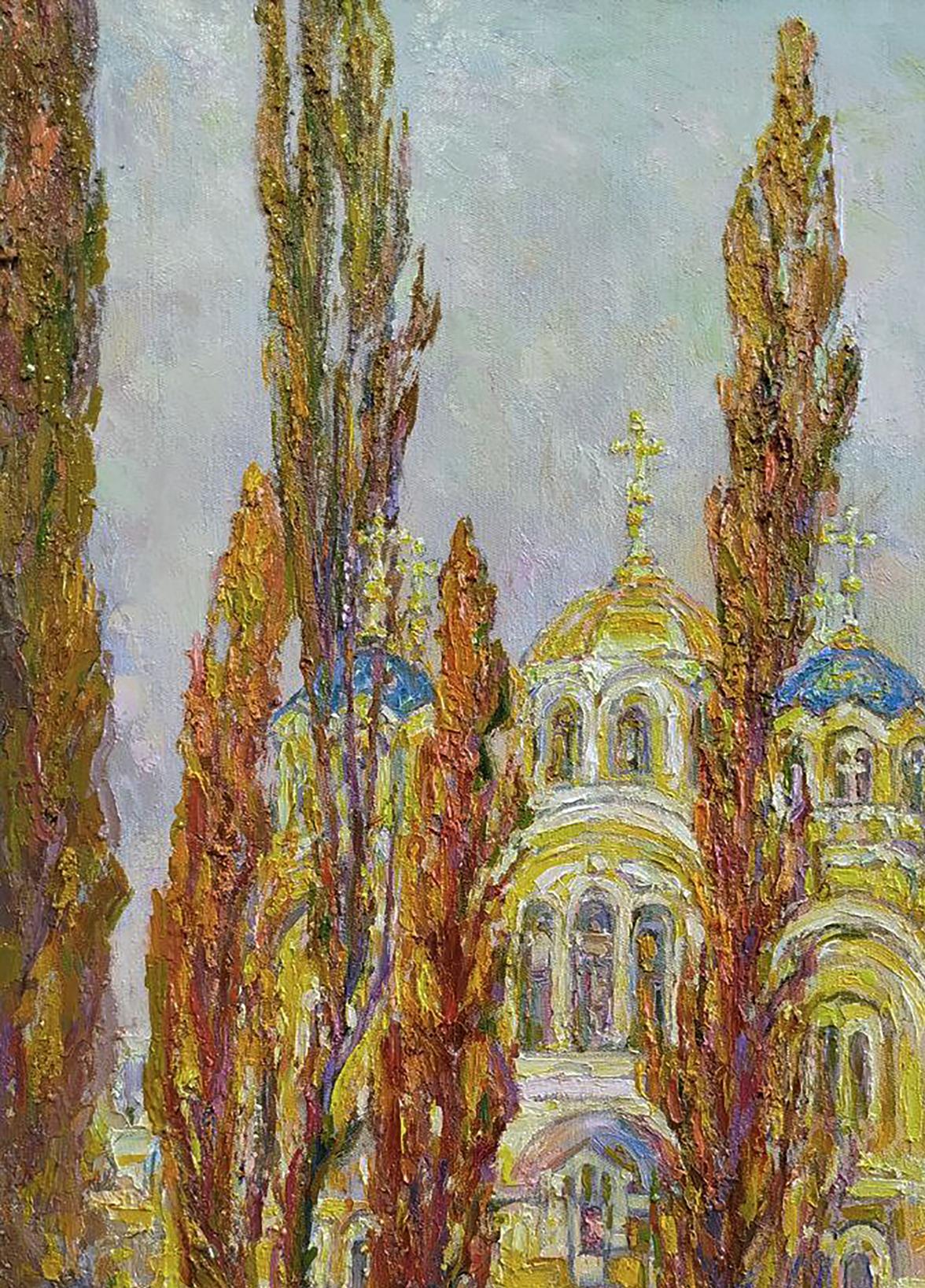 Oil painting by Leonid Pavlenko: golden-domed orthodox church in warm autumn trees