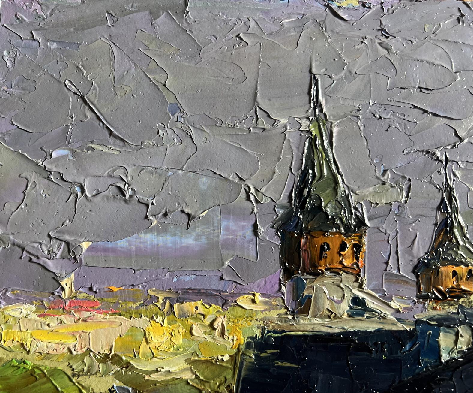 Textured impasto oil painting of Boris Serdyuk fortress church tower in grays ochre