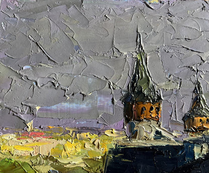 Textured impasto oil painting of Boris Serdyuk fortress church tower in grays ochre
