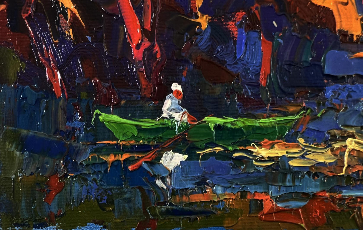 Oil painting Evening on the River by Oksana Ivanyuk vibrant canoe scene