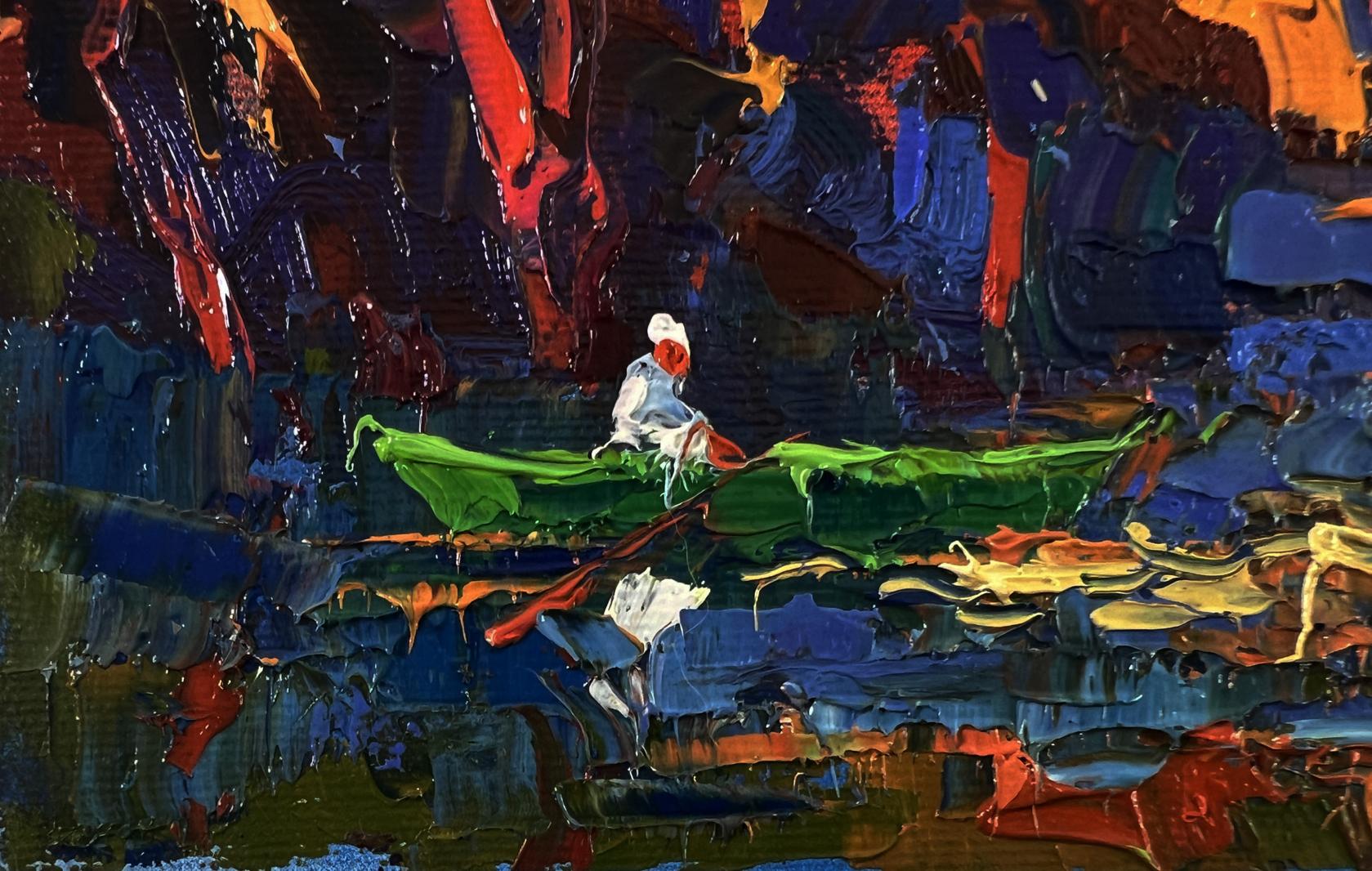 Oil painting Evening on the River by Oksana Ivanyuk vibrant canoe scene