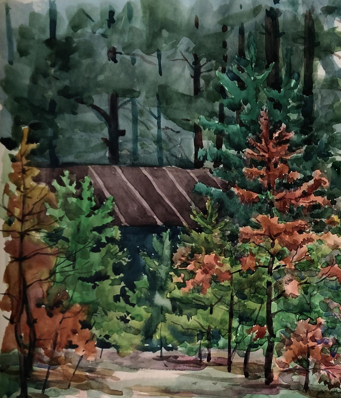 Watercolor painting of Quiet Refuge rustic cabin in vibrant green forest by Vitaly Duhnevich
