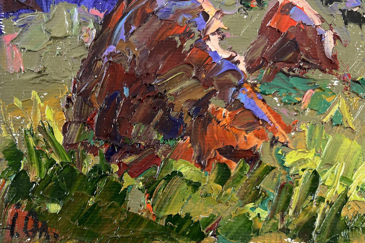 Textured impasto oil painting Colors of Evening by Oleksiy Ivanyuk, rocky hillside