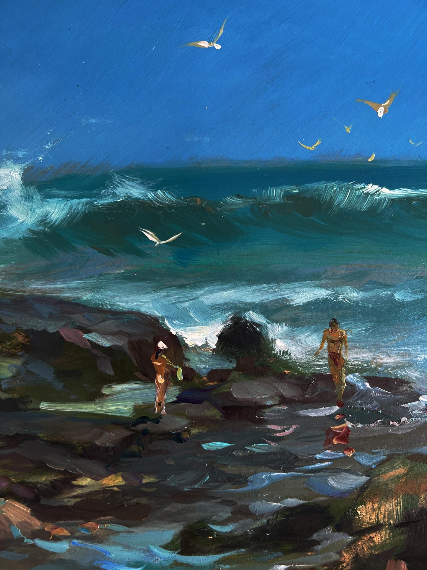 Oil painting of vibrant blue ocean waves crashing on rocks by Yuriy Suprunchuk