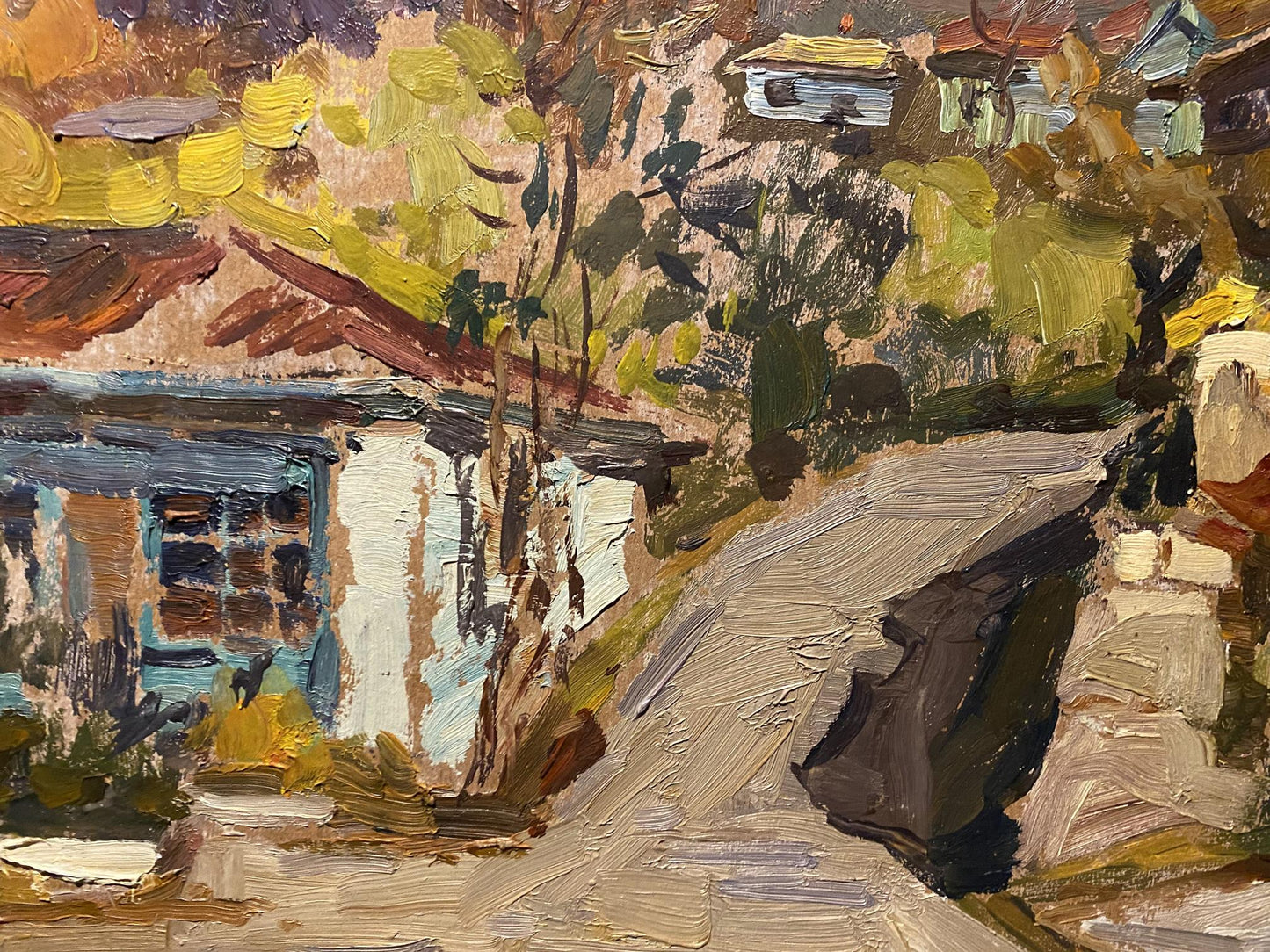 A textured oil painting depicting a rustic village scene with earthy tones and visible brushstrokes.