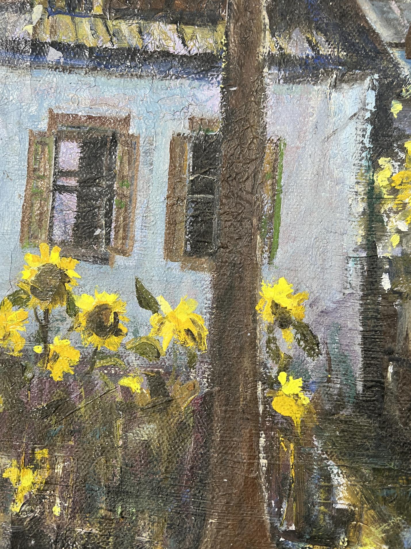 Oil painting The silence of the village yard by Fedor Konev with blue house and sunflowers