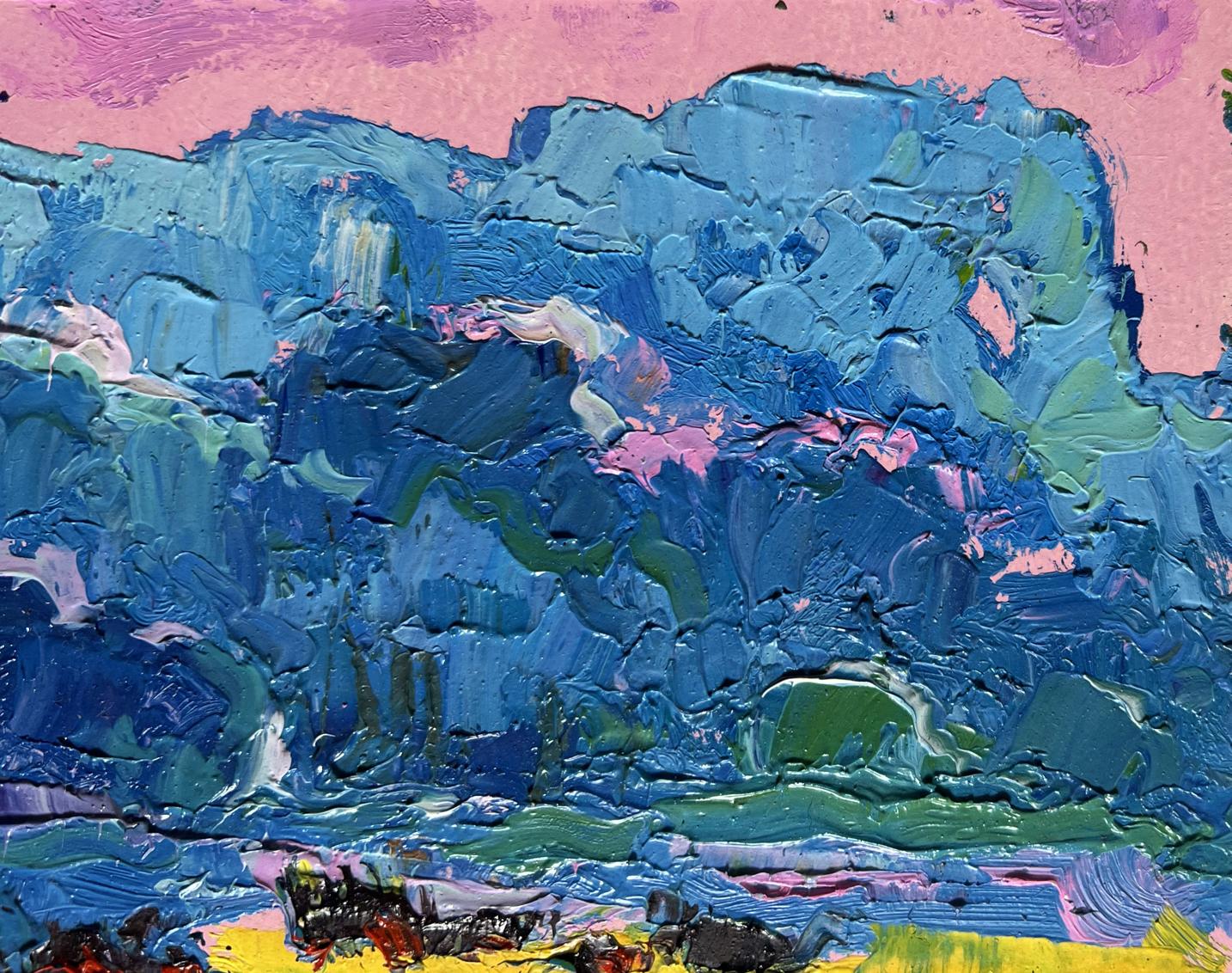 Oil painting Spring Meadows by Oksana Ivanyuk: blue green mountains pink sky