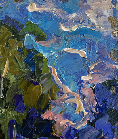 Vibrant Oleksiy Ivanyuk oil painting of house near forest with textured blue green strokes