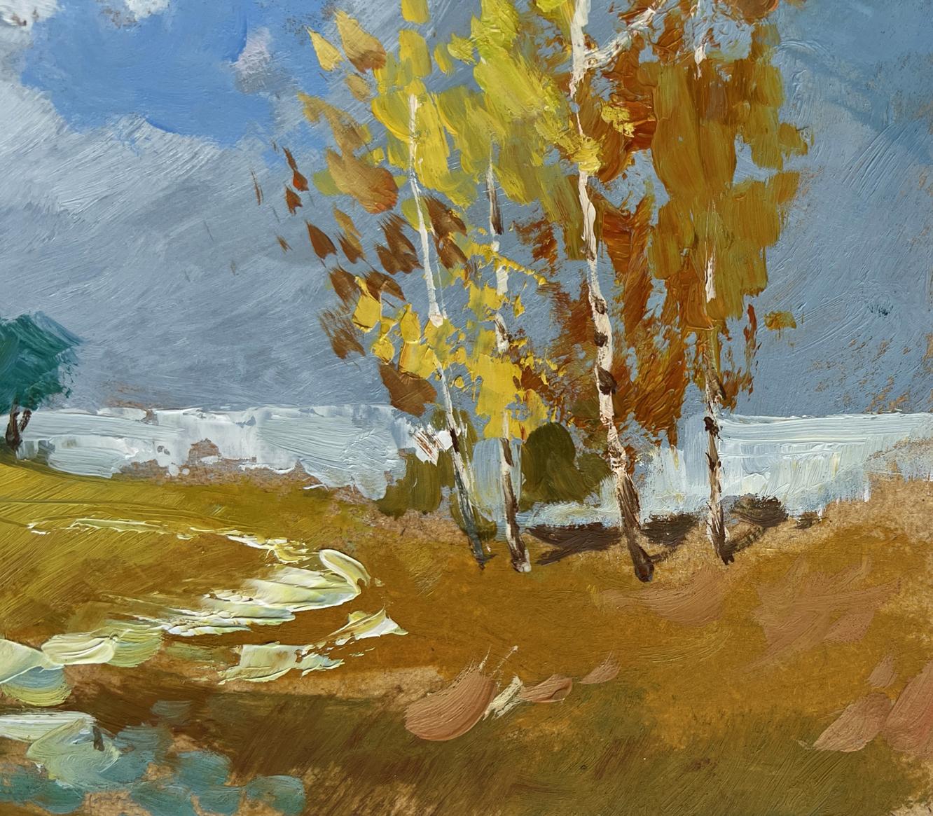 Vibrant impressionist oil painting of birch trees on autumn trail by Yuriy Suprunchuk