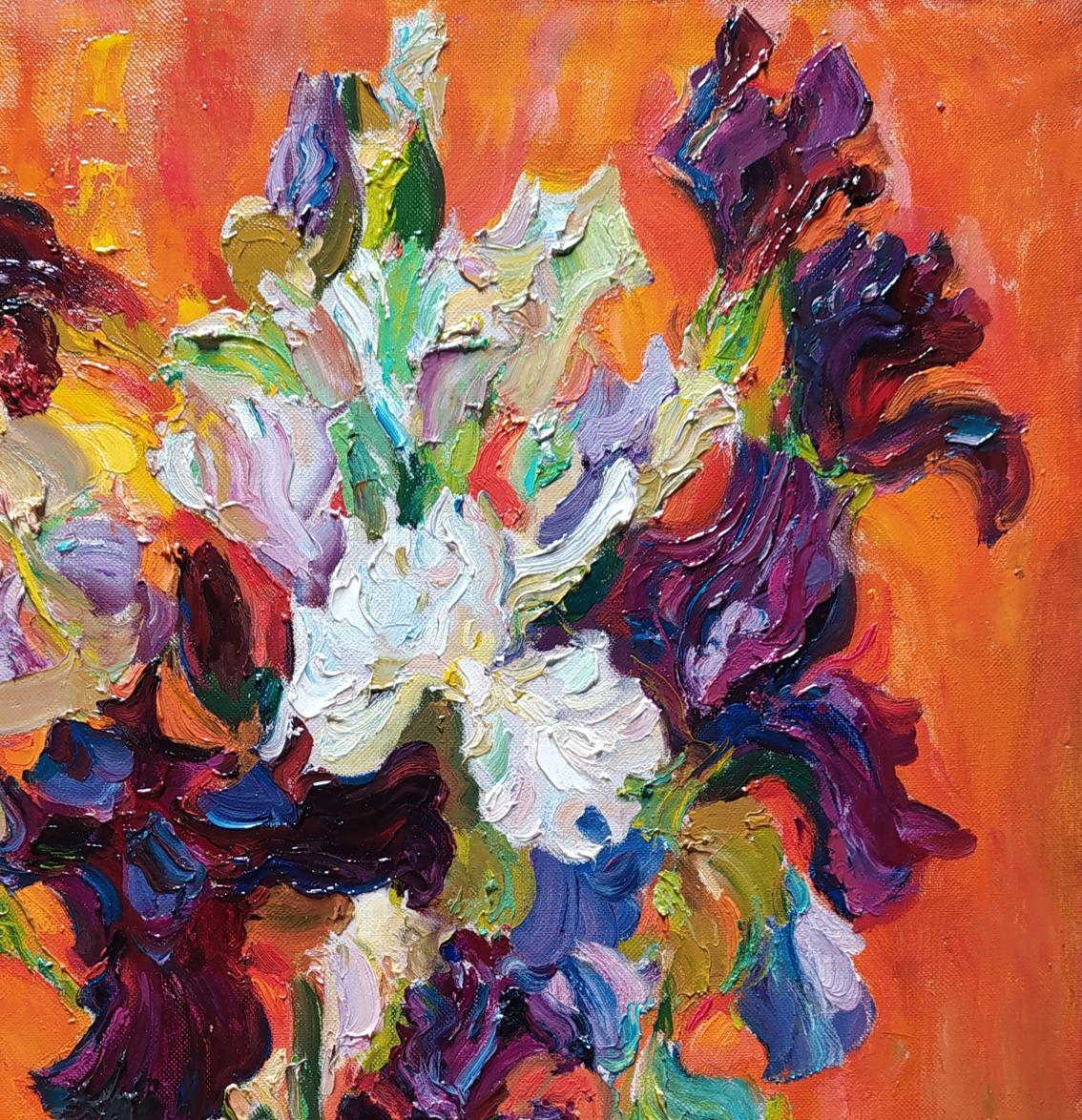 Vibrant impressionist oil painting of Irises on red by Leonid Pavlenko