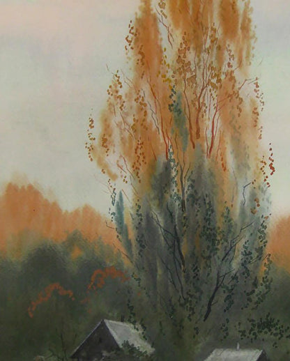 Watercolor painting of tall slender tree with orange green foliage by Valery Savenets