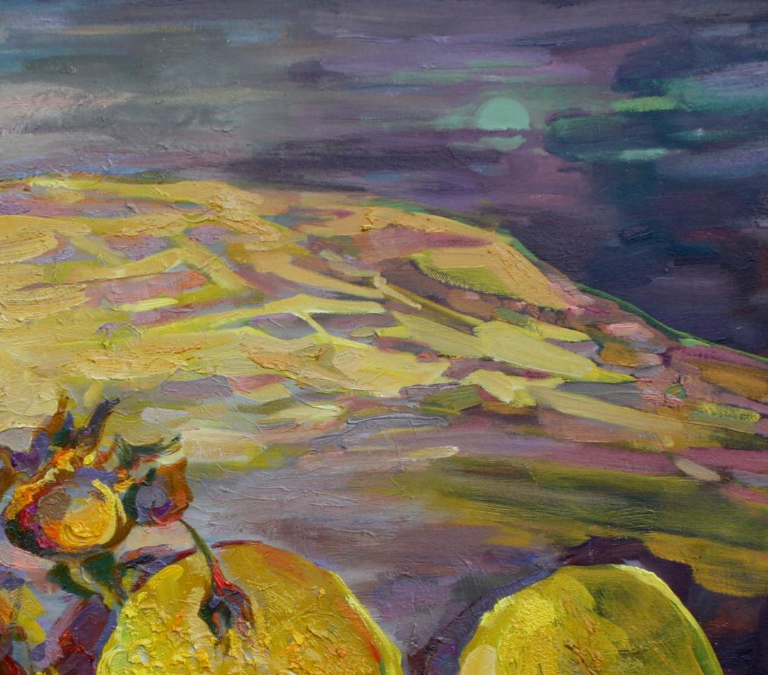 Vibrant impressionist oil painting Millstone of Time by Leonid Pavlenko, yellow pears on purple landscape