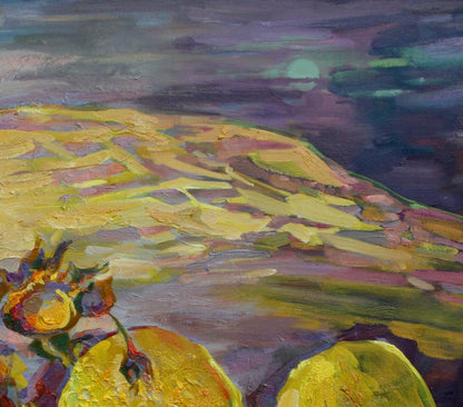 Vibrant impressionist oil painting Millstone of Time by Leonid Pavlenko, yellow pears on purple landscape