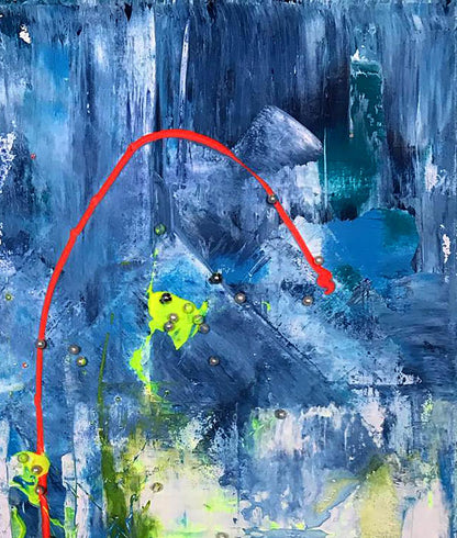 Vibrant Torn Beads acrylic painting by Olga Melezhik with blue, green strokes and red beaded curve