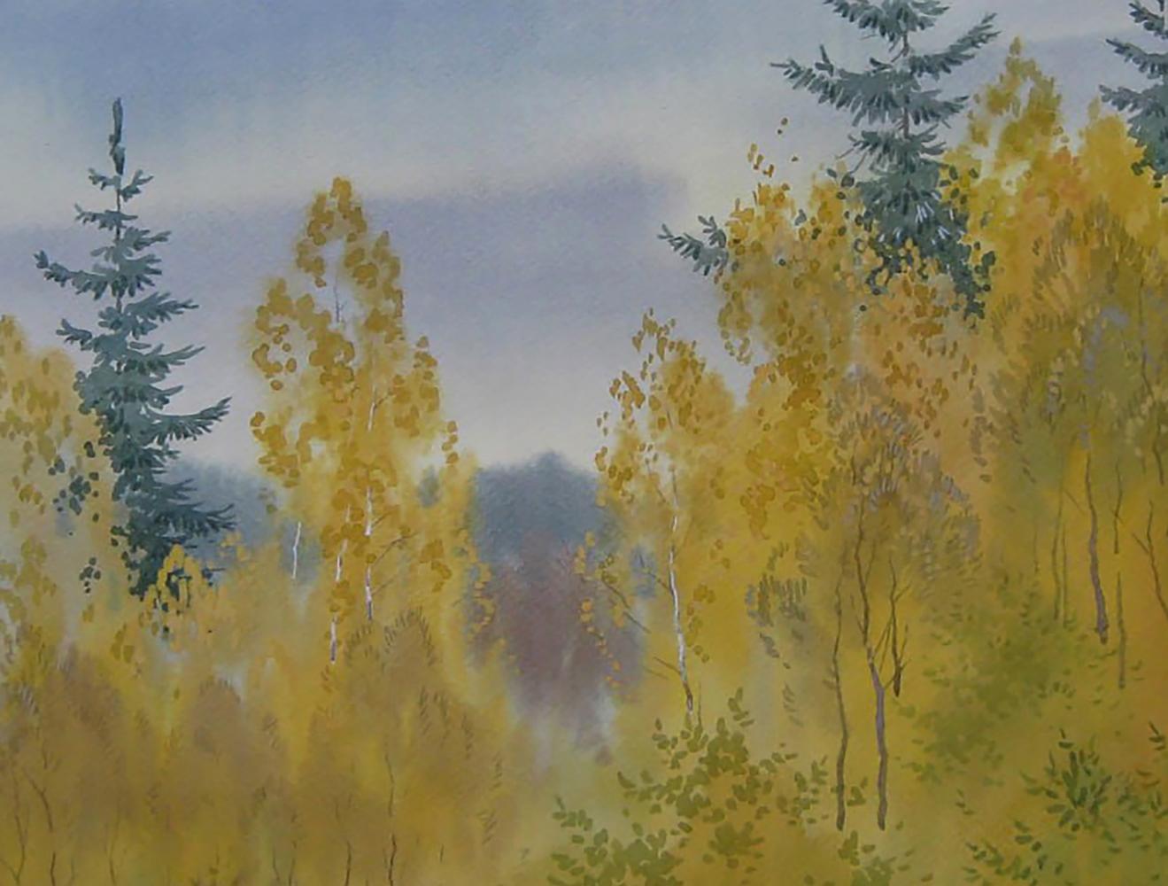 Watercolor painting of autumn yellow forest by Valery Savenets