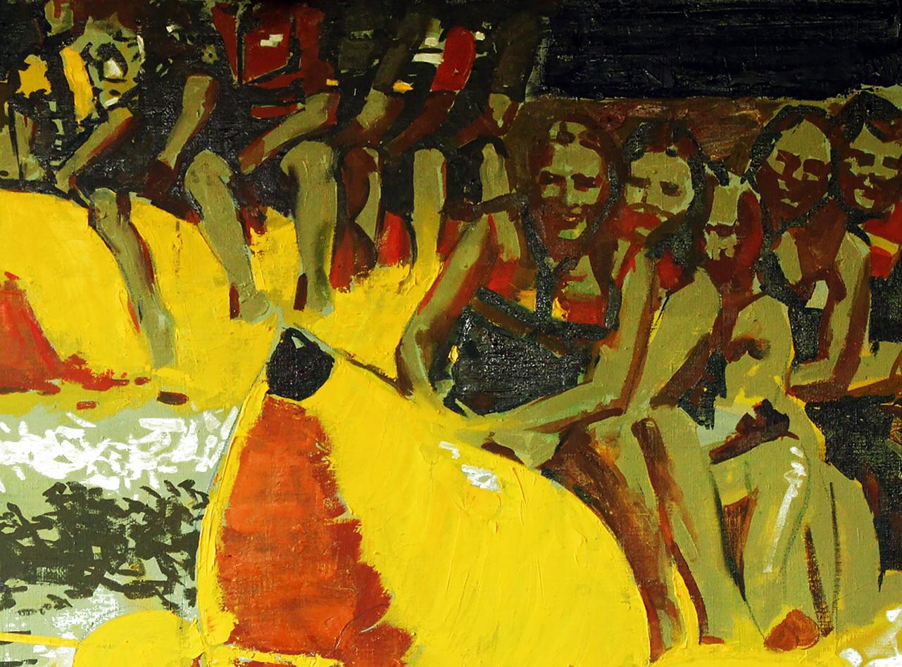 Vibrant yellow Oil painting Bananas by Ed Potapenkov with bold strokes and figures