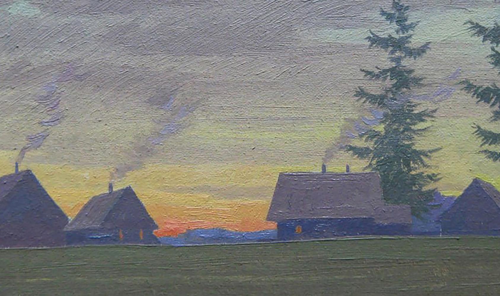 Oil painting Spring evening in village by Valery Savenets at dusk