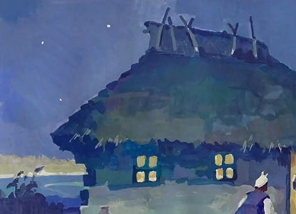Gouache painting August Twilight by Anastasia Yaroshevich: cozy thatched cottage