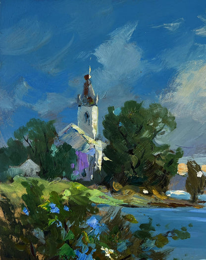 White church with tall steeple and purple door by Yuriy Suprunchuk oil painting