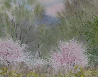 Watercolor painting of blooming pink cherry blossoms by Valery Savenets