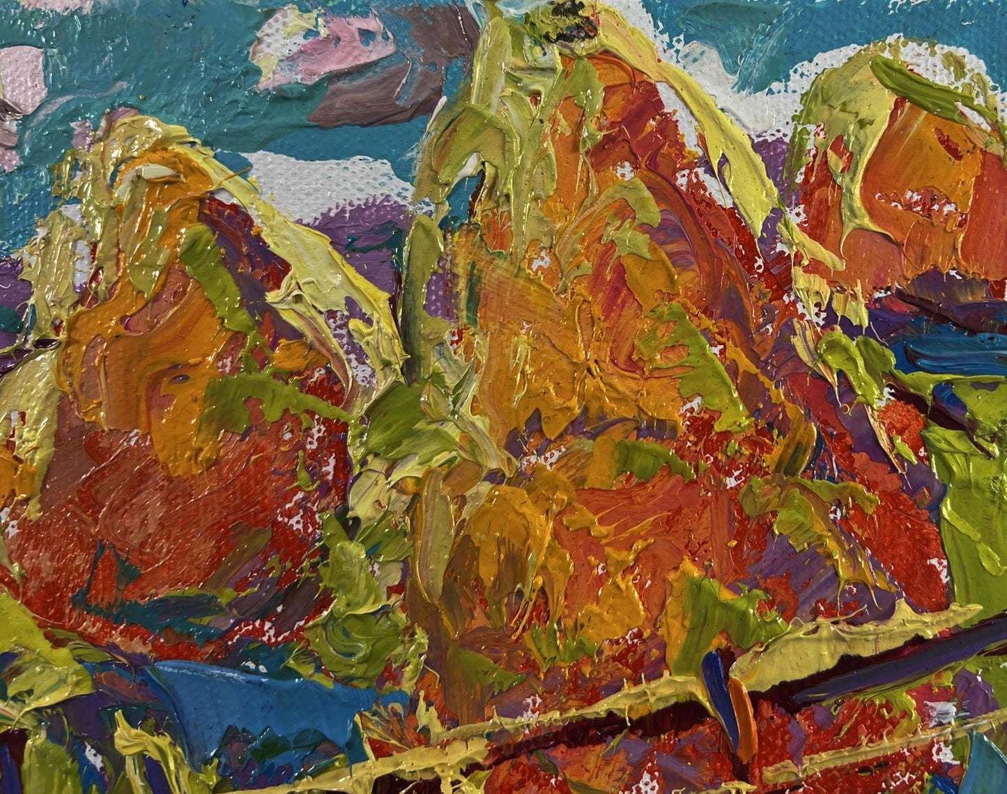 Vibrant abstract mountains oil painting Moments of happiness under the blue sky by Oleksiy Ivanyuk