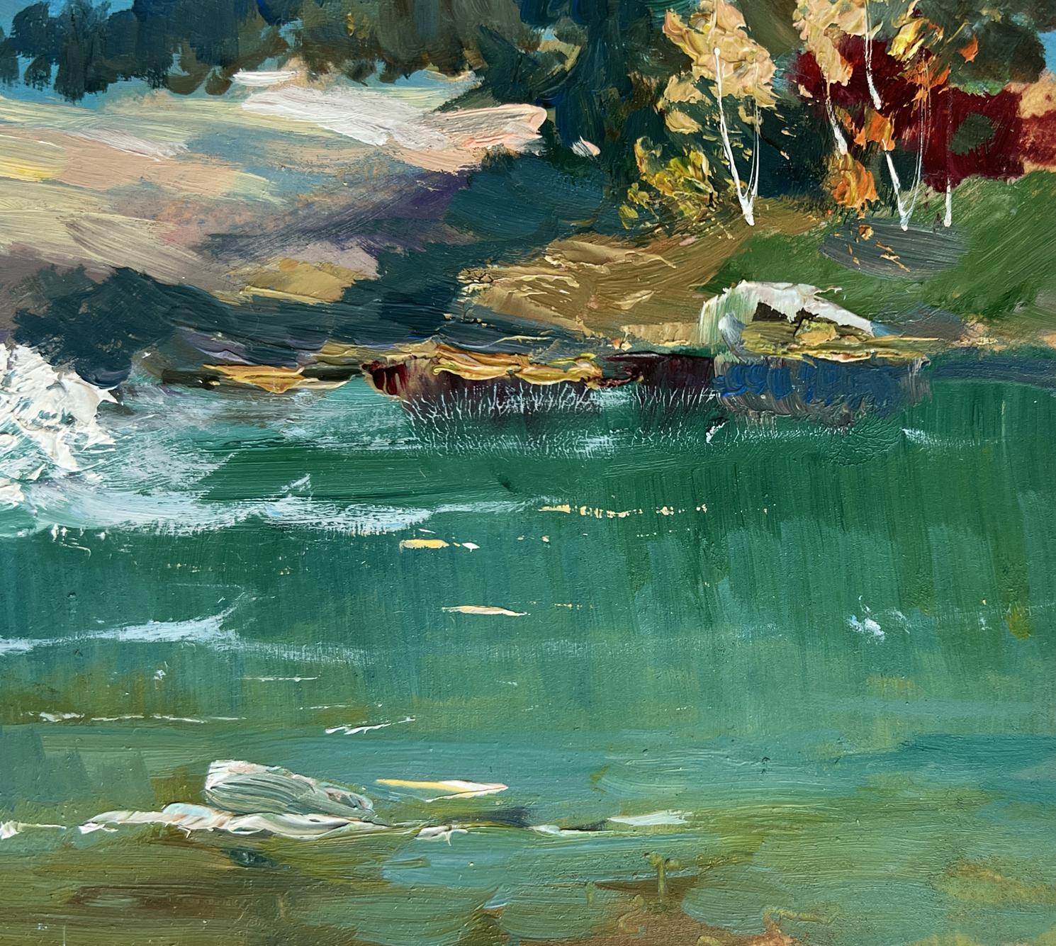 Vibrant impressionist oil painting of mountain waterfall by Yuriy Suprunchuk