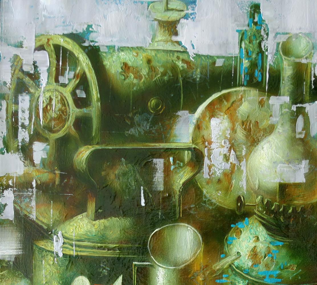 Vintage green brass sewing machine oil painting by Alexander Dobrodiy